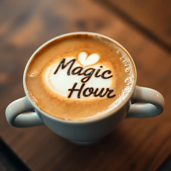 Latte art in creamy coffee with "Magic Hour" inscribed in white foam subtle bokeh